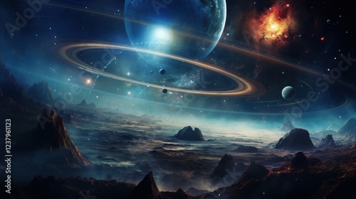 Exploring cosmic landscapes outer space digital art celestial environment wide view universe concept