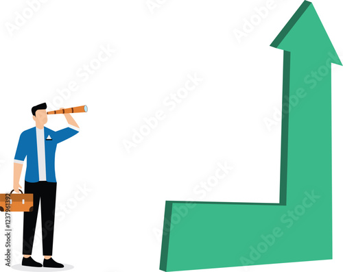 Predictions and expectations, directions and paths for business or career development, businessmen with binoculars looking at the top of a high arrow