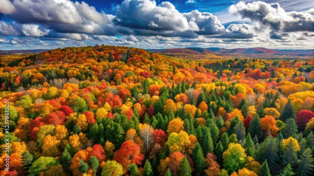 Autumnal Canopy A Breathtaking Aerial View of a Hillside Forest Displaying a Vibrant Spectrum of Fall Foliage Under a Dramatic Sky Autumnal Canopy A Breathtaking Aerial View of a Hillside Forest Displaying a Vibrant Spectrum of Fall Foliage Under a Dramatic Sky