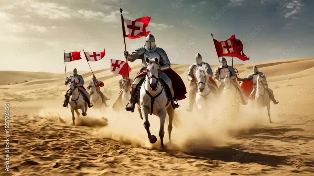 Templar knights riding through the endless desert sands, with determined expressions and swirling dust behind them, create a sense of action and adventure