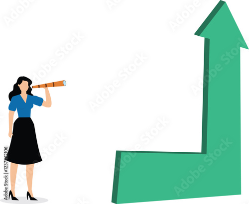Predictions and expectations, directions and paths for business or career development, businesswomen with binoculars looking at the top of a high arrow