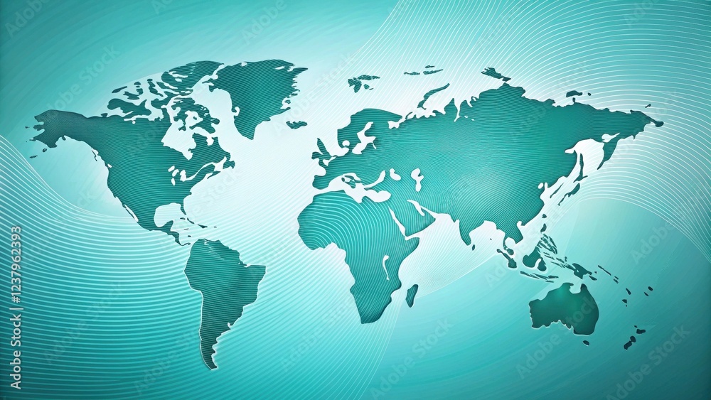 Obraz premium Global Interconnectivity A World Map Abstract Design Featuring Dynamic Teal Hues and Curving Lines Illustrating Seamless Communication and Worldwide Connections