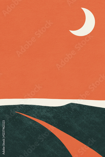 Serene landscape with a curving road under a crescent moon in a vivid orange sky photo