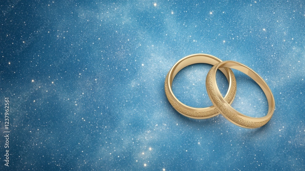 Two Golden Wedding Rings on a Sparkling Blue Background Romantic Wedding Jewelry Image Two Golden Wedding Rings on a Sparkling Blue Background Romantic Wedding Jewelry Image