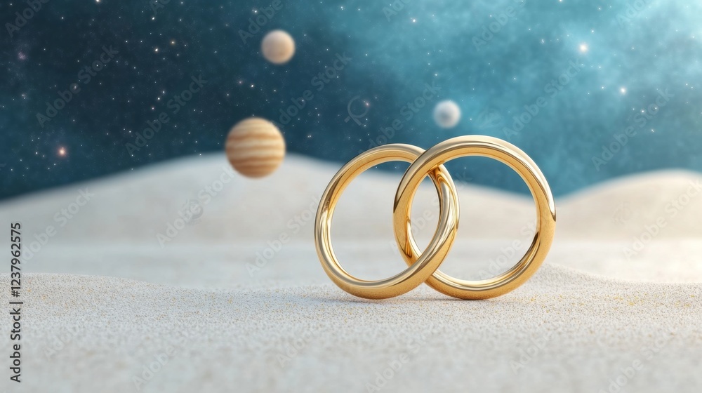 Intertwined Golden Wedding Rings on Sandy Beach Underneath a Starry Night Sky Intertwined Golden Wedding Rings on Sandy Beach Underneath a Starry Night Sky
