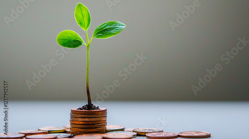 A small plant sprouting from a stack of coins, symbolizing financial growth for small businesses photo