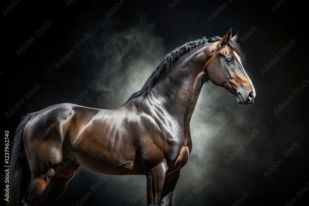 Obraz premium Majestic Dark Horse in Dramatic Lighting, Showing Muscular Build and Elegant Pose Against a Smoky Backdrop