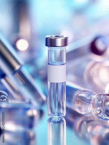 Close-up of medical vial among test tubes in a laboratory setting photo