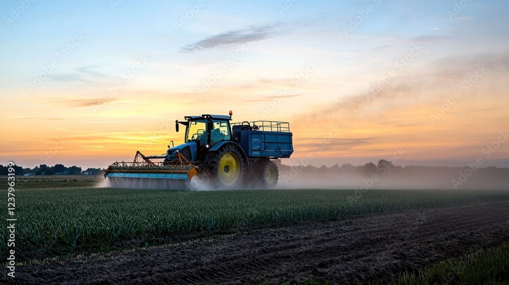 Fototapeta premium Tractor Spraying Crops at Sunset