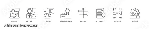 Job fair icon set flow process which consists of the information, advice, skills, occupational, applicants, recruit, and hiring icon live stroke and easy to edit .