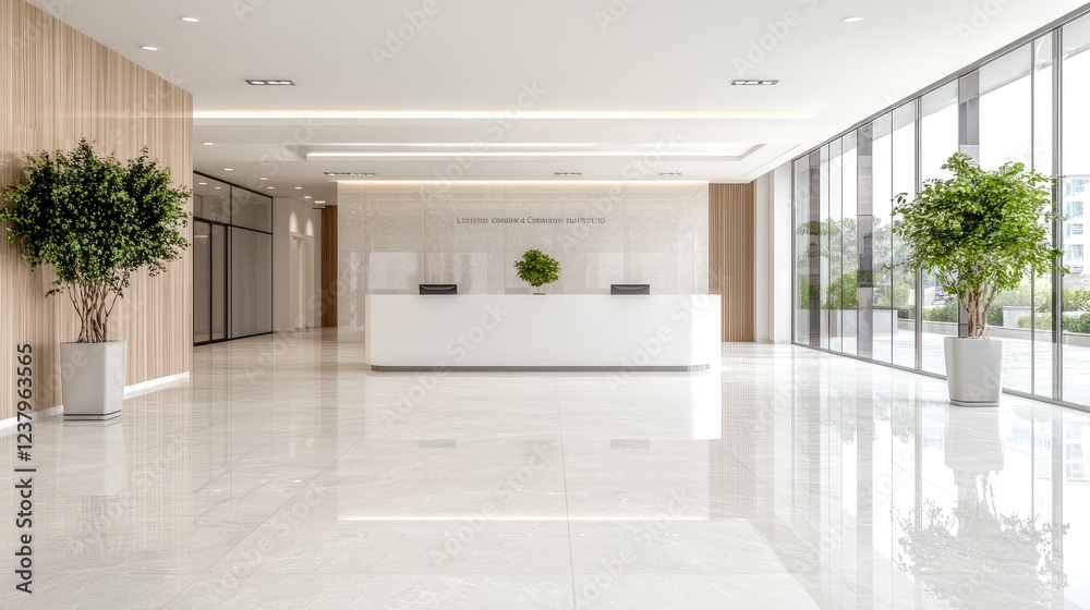 Obraz premium Modern office reception area with plants, city view