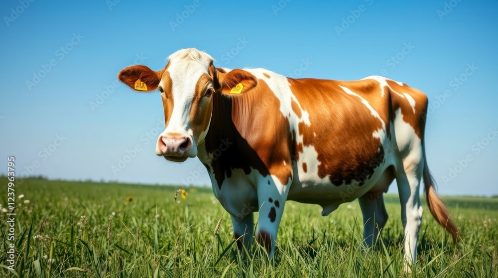 Brown and White Cow in Sunny Pasture: A Serene Rural Scene Brown and White Cow in Sunny Pasture: A Serene Rural Scene