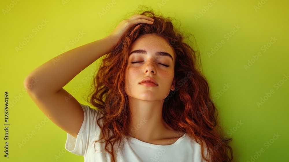 Fototapeta premium redhead woman relaxing against green background