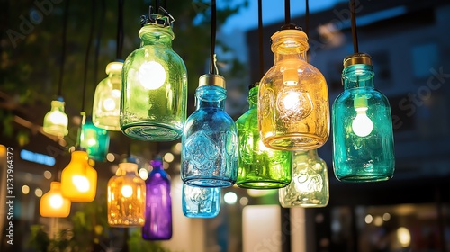 Colorful glass jars hang as decorative lights, illuminating the evening with a warm glow, creating a whimsical and inviting atmosphere.