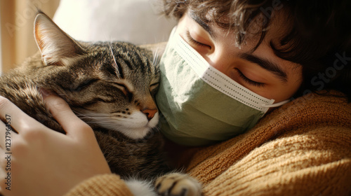 Managing pet allergies, a cozy moment with protective measures photo