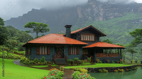 Mountainside Stone House Rain Lush Greenery