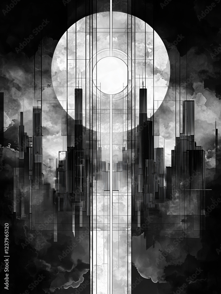 Fototapeta premium Black and white abstract cityscape with glowing circular element.