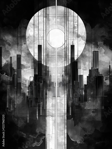 Black and white abstract cityscape with glowing circular element.