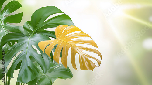 A detailed image of a monstera deliciosa leaf with large, fenestrated leaves bathed in golden sunlight. The contrast between the deep green of the foliage and the bright yellow of the sunlight. photo