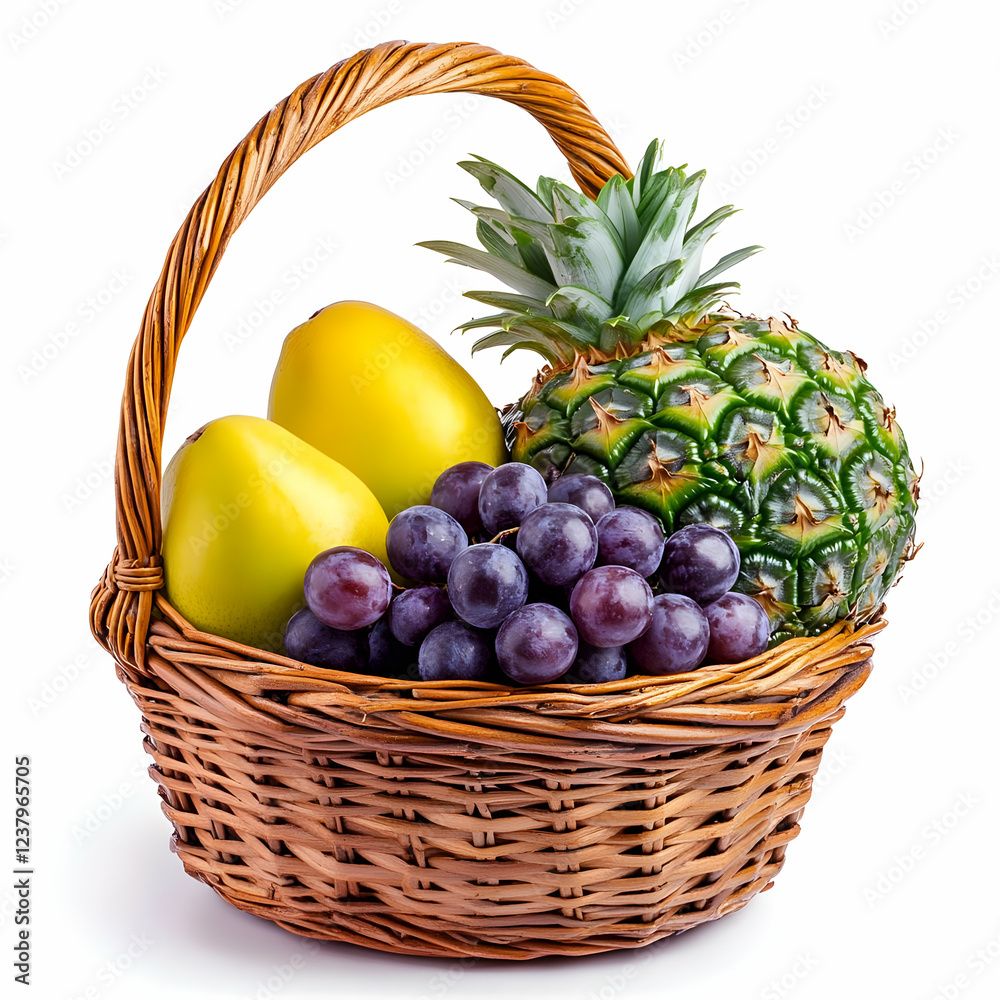 Fresh fruit basket pineapple, grapes, mangoes. Healthy snack, gift Fresh fruit basket pineapple, grapes, mangoes. Healthy snack, gift