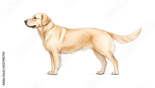 Side profile of a golden retriever standing gracefully on a white background