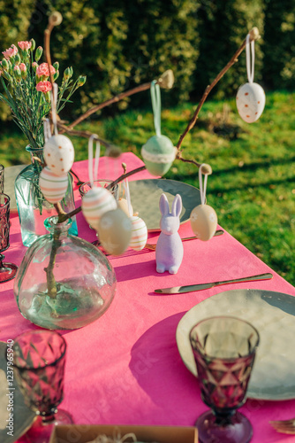 Easter decoration on dining table in back yard photo