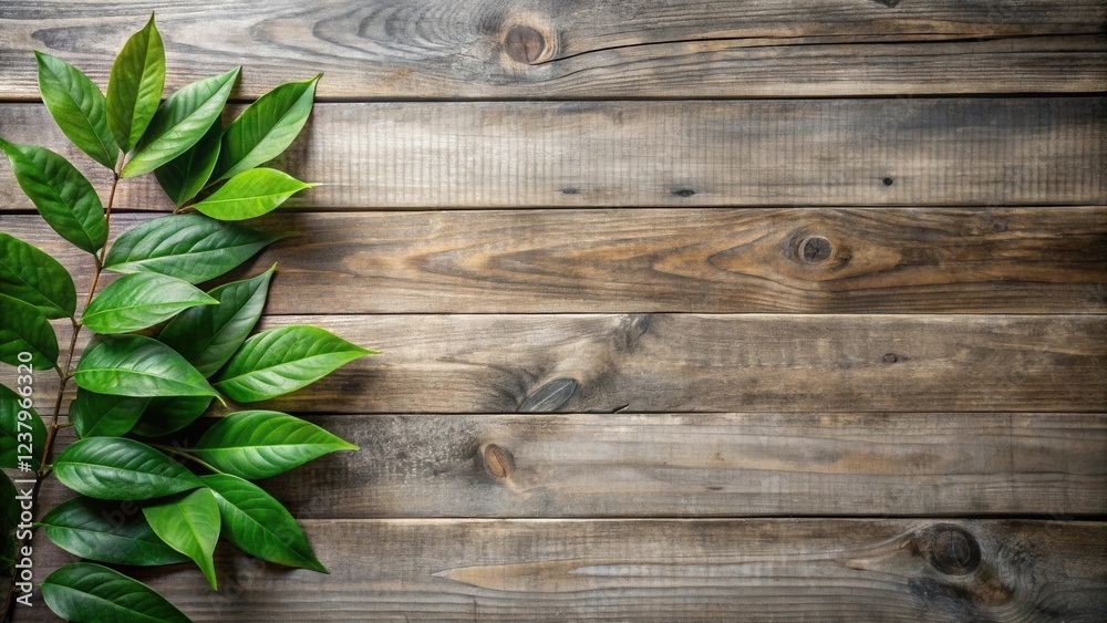 Lush Green Branch with Vibrant Leaves on Rustic Wooden Background, Ideal for Nature-Inspired Designs and Eco-Friendly Projects Lush Green Branch with Vibrant Leaves on Rustic Wooden Background, Ideal for Nature-Inspired Designs and Eco-Friendly Projects