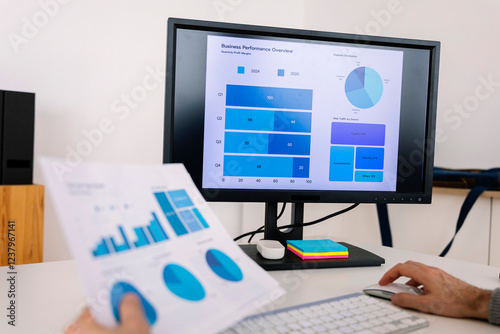 Businessman examining charts and graphs on desktop PC at desk in office photo