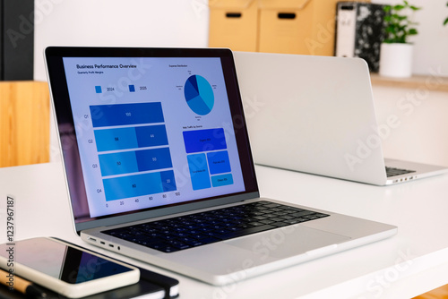 Laptop screen with charts and graphs on desk photo