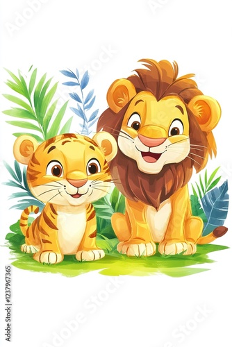 Adorable Lion and Tiger Cubs in Jungle