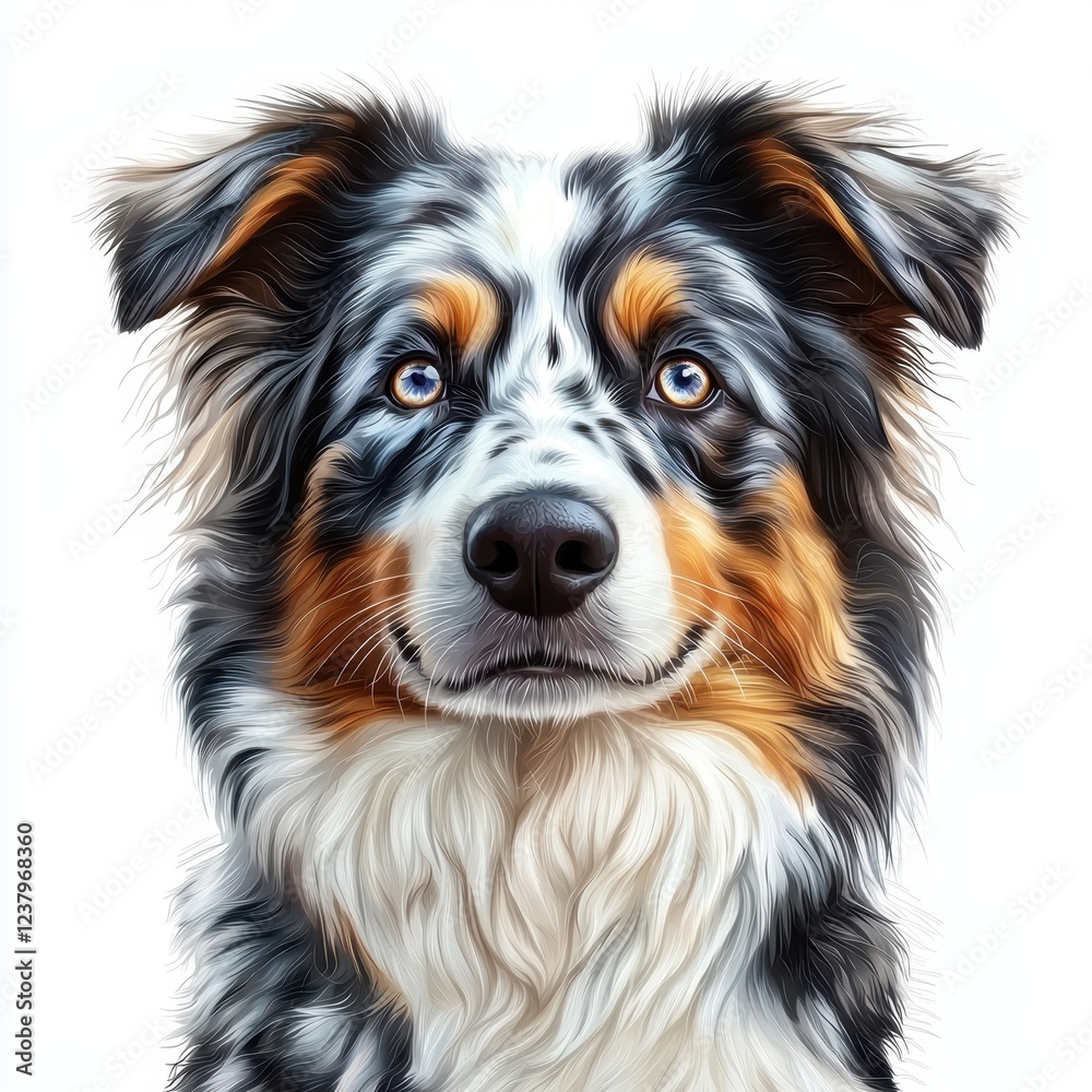 Australian Shepherd with a blue merle coat and bright eyes, isolated on a clean white background Australian Shepherd with a blue merle coat and bright eyes, isolated on a clean white background