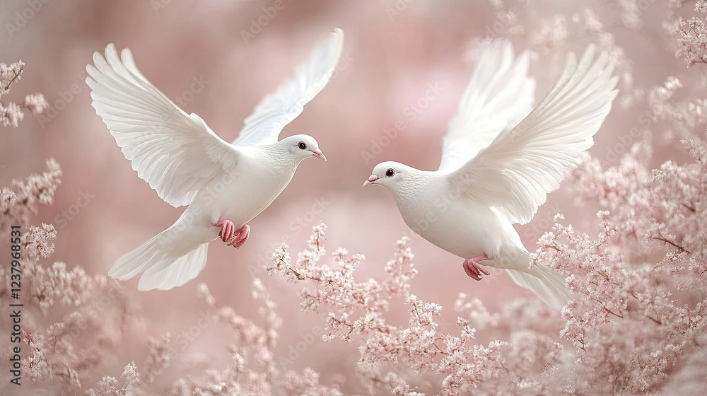 Fototapeta premium Two White Doves Soaring Amidst Blossoming Flowers