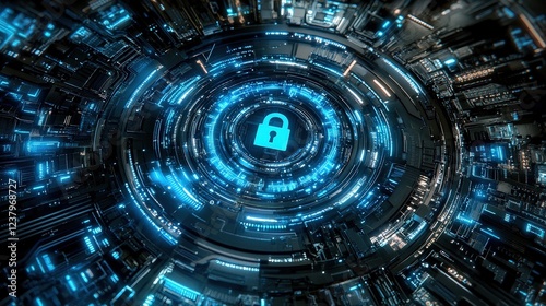 Futuristic cybersecurity lock showcases advanced technology. Modern digital lock embodies security and data protection. Blue glowing interface, abstract concept, secure online network, high matrix