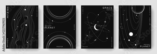 Set of abstract space astronomy backgrounds. Line art galaxy, universe, planet, solar system. Science future concept. Cosmic minimalist design for cover, poster, layout, banner, flyer, brochure