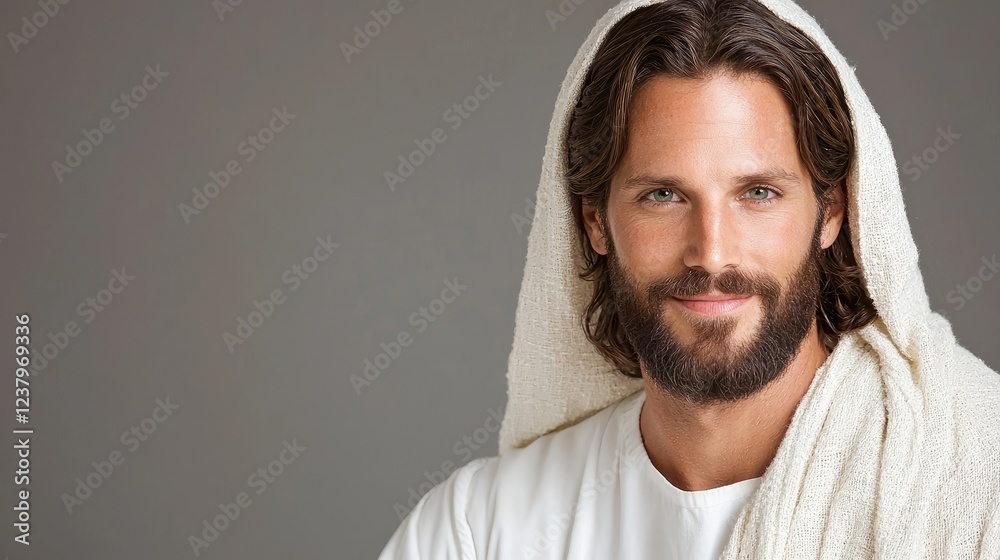 Peaceful Jesus portrait, studio shot, grey background, faith Peaceful Jesus portrait, studio shot, grey background, faith