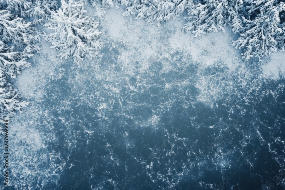 Fototapeta premium Winter landscape with frozen river and snow covered trees. Winter background.