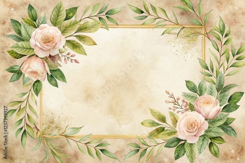 Elegant Floral Frame with Delicate Roses and Lush Greenery on Antique Paper Background