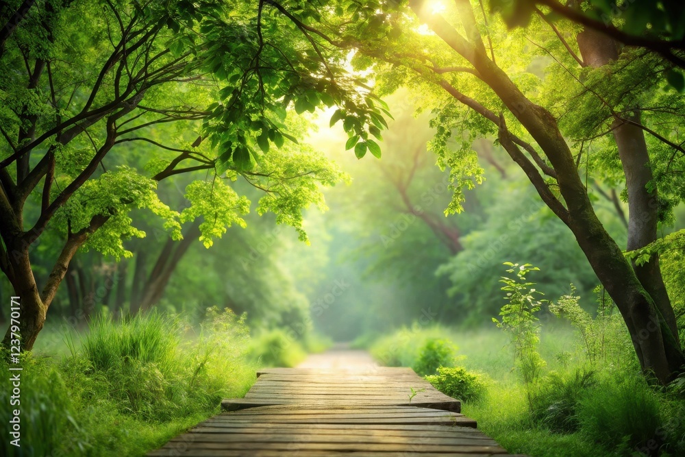 Fototapeta premium Serene Wooden Pathway Through Lush Green Forest Bathed in Sunlight's Golden Embrace