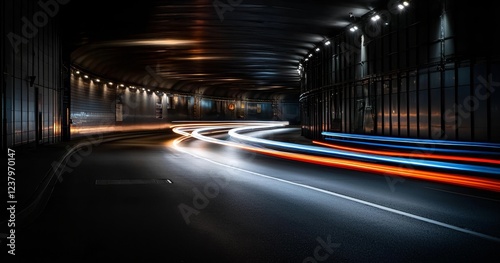 In a tunnel, long exposure photography captures truck light trails, forming an artistic depiction photo