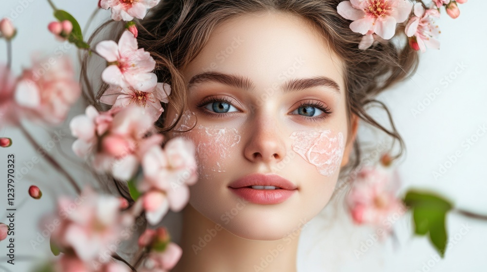 beautiful woman with flowers and face mask beautiful woman with flowers and face mask