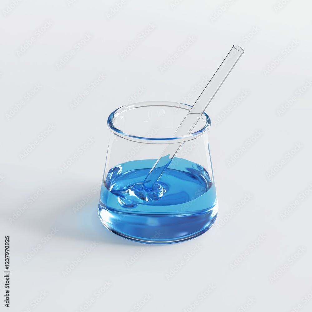 beaker with blue liquid being stirred with a glass rod, isolated on a clean white background beaker with blue liquid being stirred with a glass rod, isolated on a clean white background