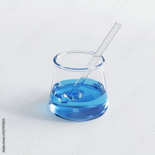 beaker with blue liquid being stirred with a glass rod, isolated on a clean white background photo