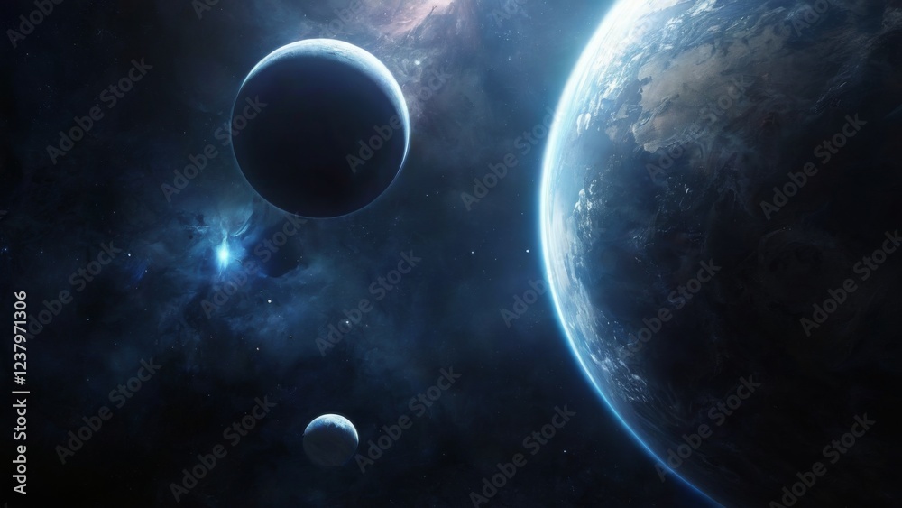 Fototapeta premium Stunning Image of Earth and Black Planet in Deep Space with Scattered Stars and Nebulas, Inspiring Universe Beauty