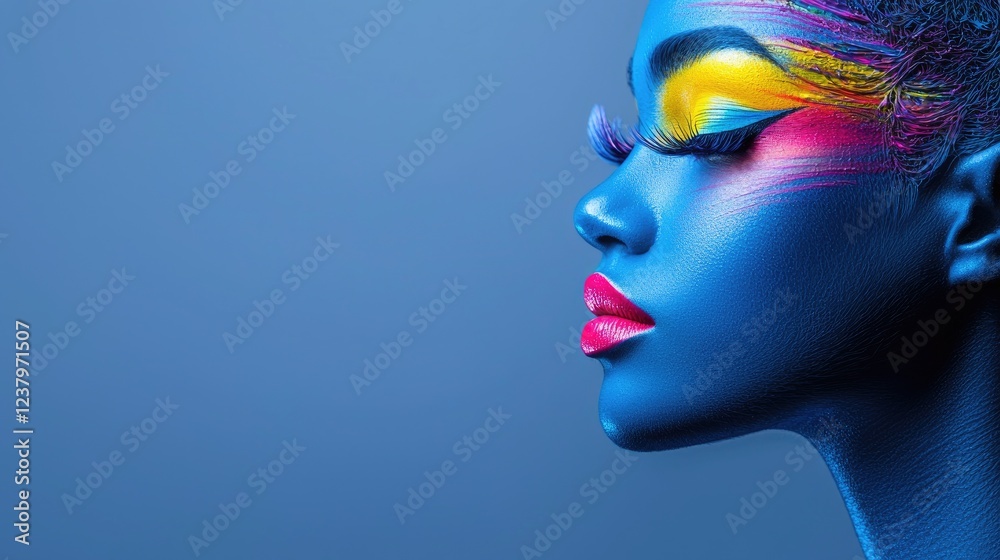 Blue-painted woman, colorful makeup, profile view, blue background, beauty advert Blue-painted woman, colorful makeup, profile view, blue background, beauty advert