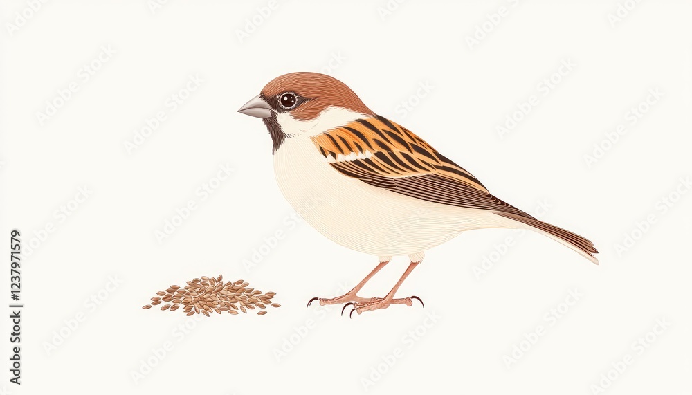 Detailed illustration of a sparrow standing beside a pile of seeds on a plain background Detailed illustration of a sparrow standing beside a pile of seeds on a plain background