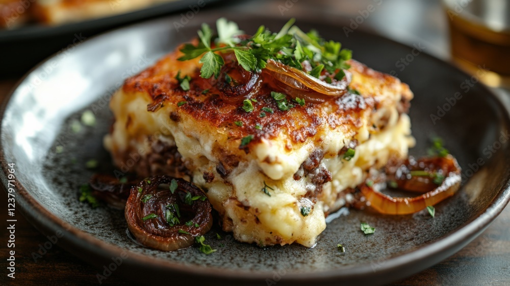 Deliciously Layered Lasagna with Ground Beef, Creamy Cheese, and Caramelized Onions Served on a Rustic Plate for a Heartwarming Meal