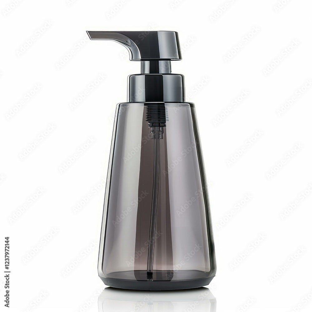 Obraz premium Sleek and stylish, dark gray soap dispenser sits on a reflective white surface, emphasizing its modern design and practicality for any bathroom or kitchen