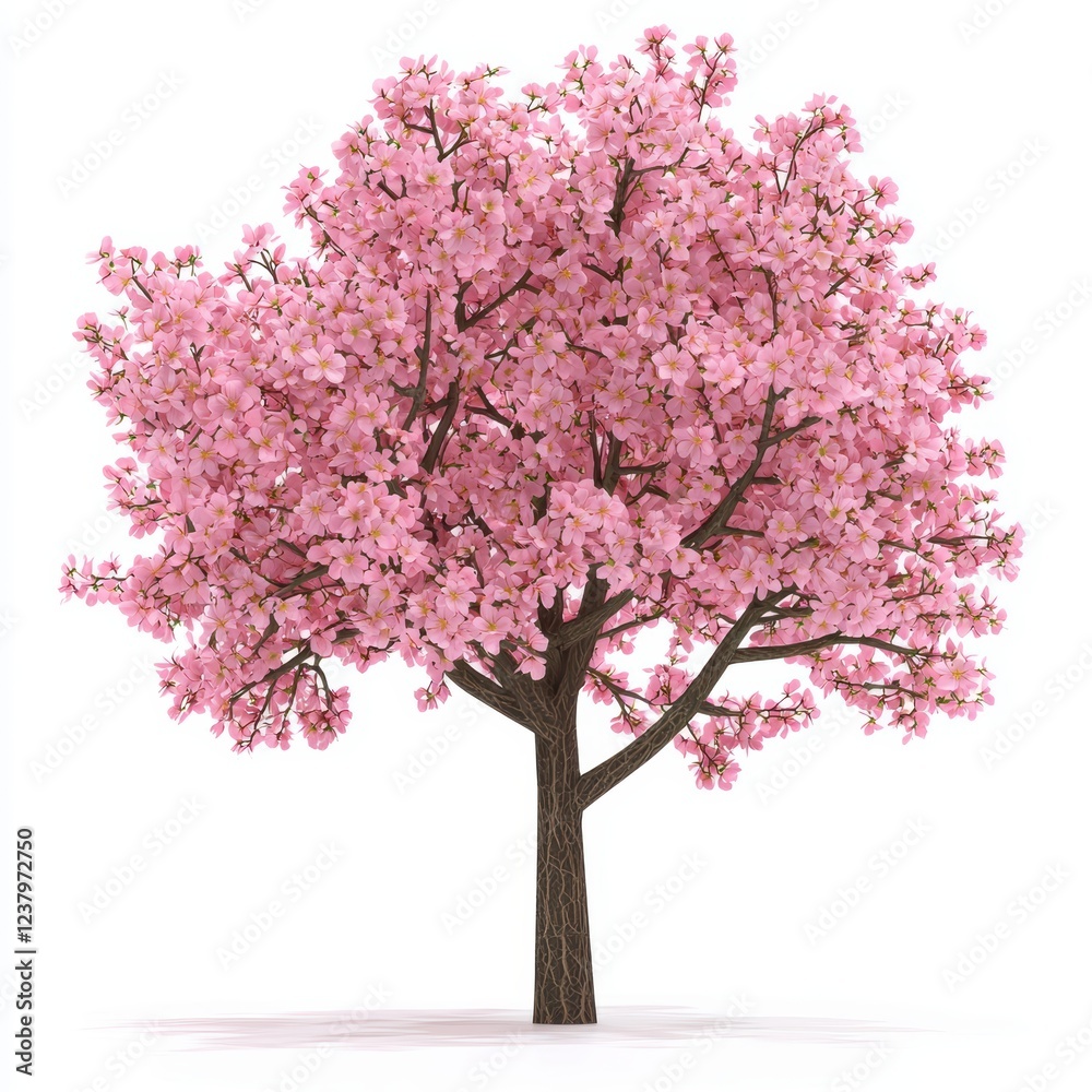 Obraz premium blossoming cherry tree with pink flowers, isolated on a clean white background