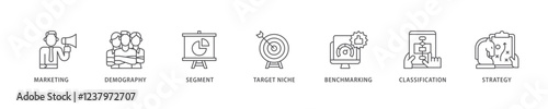 Market segmentation icon set flow process which consists of marketing, demography, segment, target niche, benchmarking, classification, strategy icon live stroke and easy to edit .