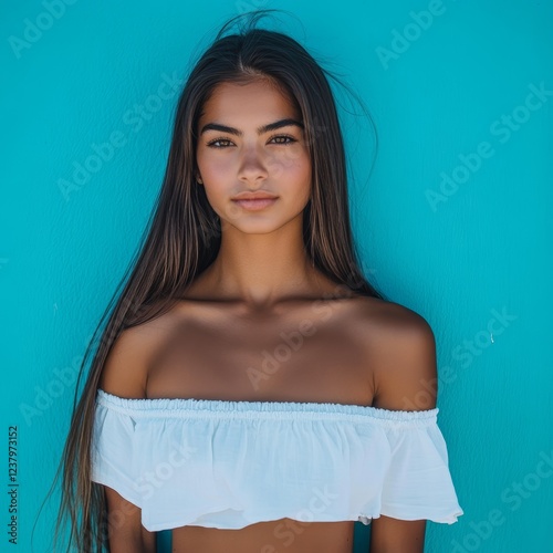 Woman with tanned skin wearing off-shoulder blouse on blue background, perfect for summer fashion or beauty advertising photo